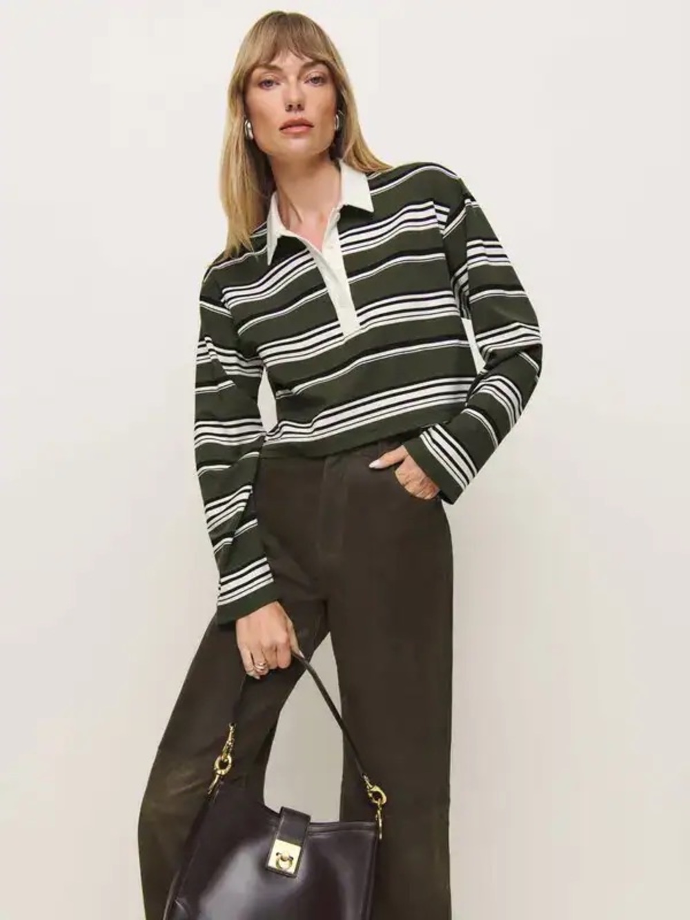 Reformation XS Cropped Anna Rugby Striped Polo Sweater in Olive Green and White
